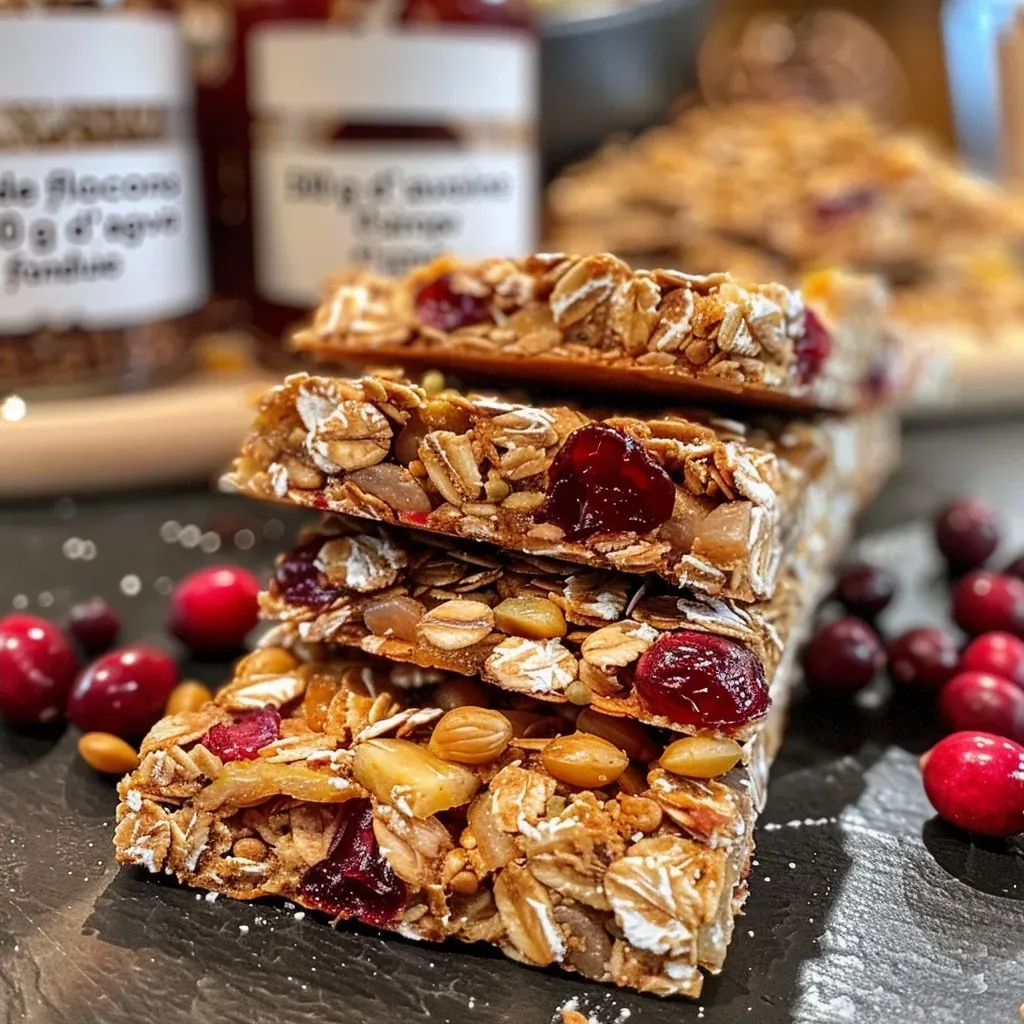 Close-up of crunchy granola bars made from chickpeas and dried cranberries.