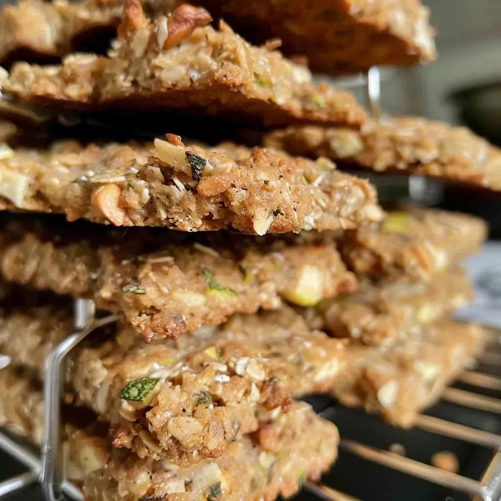 Close-up of healthy courgette cookies with a golden-brown crust and visible raisins.