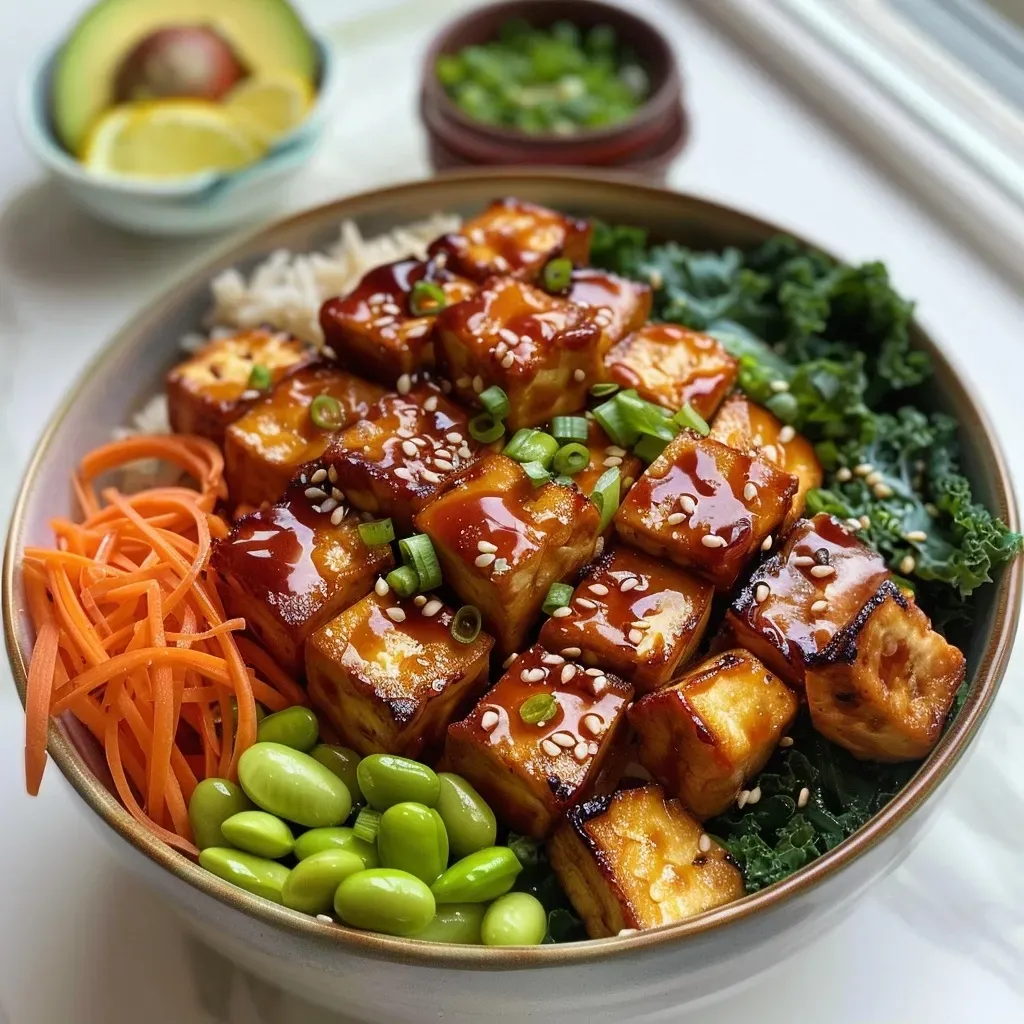 Close-up view of an Asian Tofu Buddha Bowl featuring cubed tofu, mixed vegetables, and a lemon slice on top.