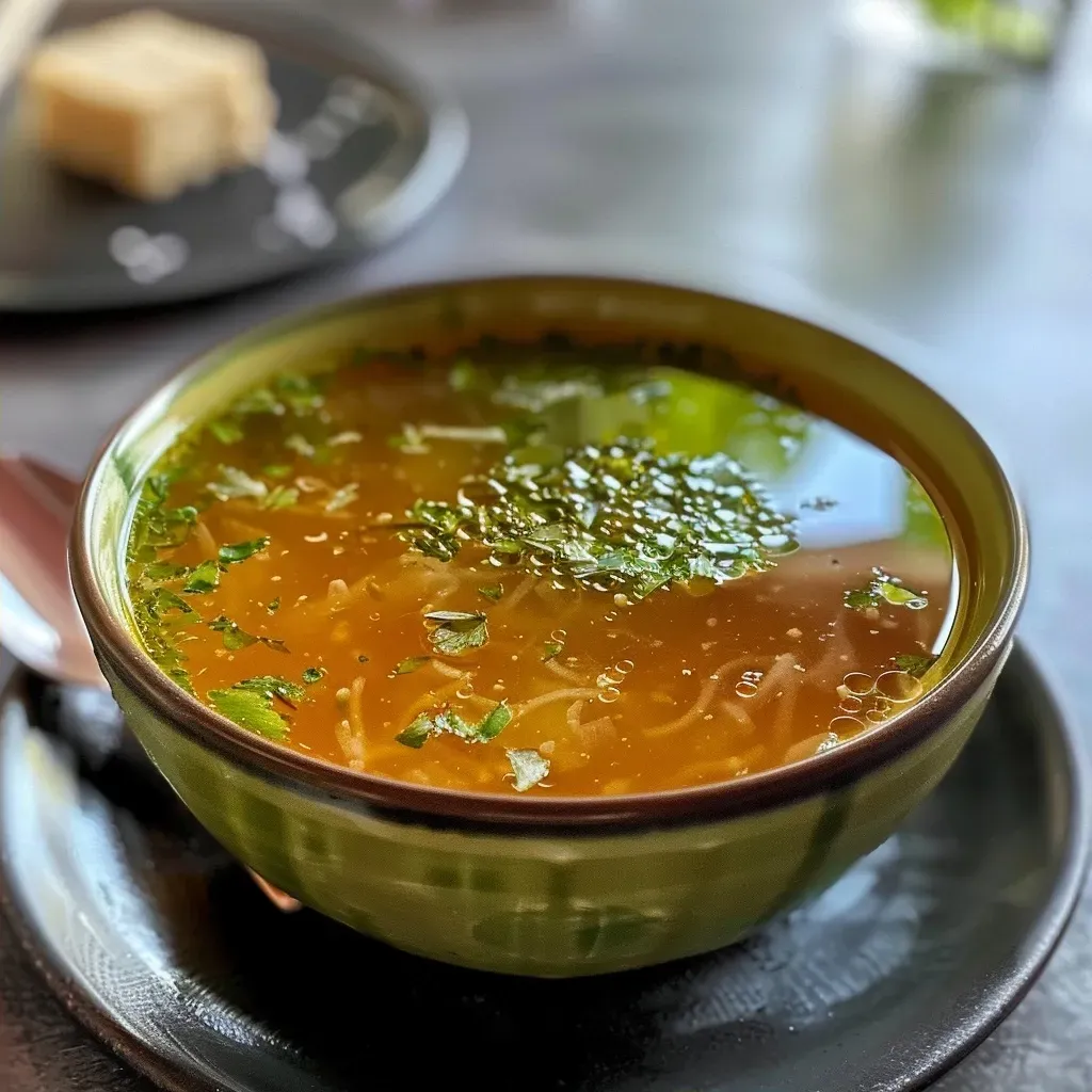 Side shot of a vibrant green detox bouillon with herbs.