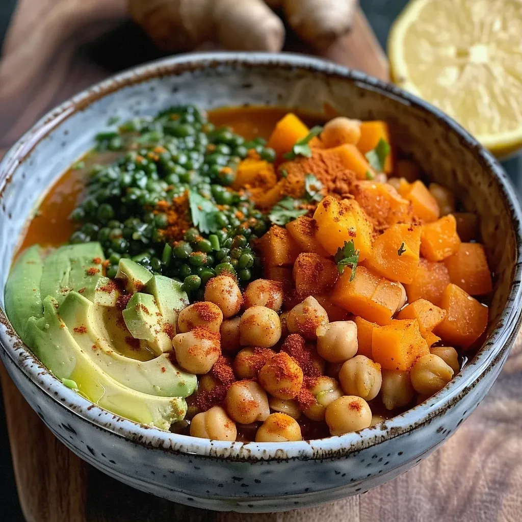 A vibrant bowl filled with roasted chickpeas, avocado slices, and colorful seeds.