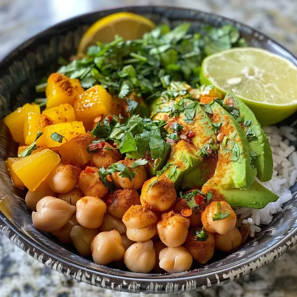 Close-up view of a healthy bowl featuring turmeric, chickpeas, avocado, and colorful greens.
