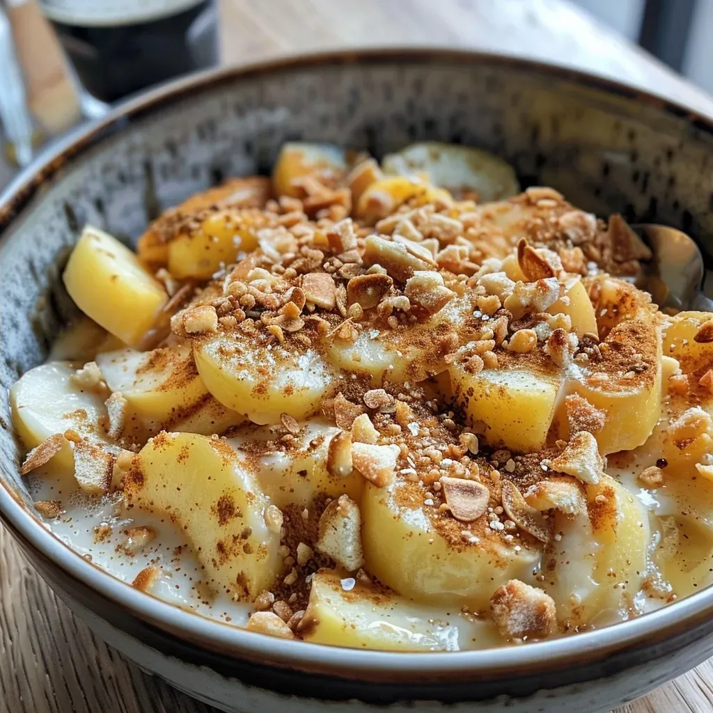 Side view of a slice of bowl cake topped with apple pieces and a sprinkle of cinnamon.