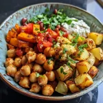 Close-up of a roasted veggie bowl featuring vibrant chickpeas, cauliflower florets, and potato wedges.