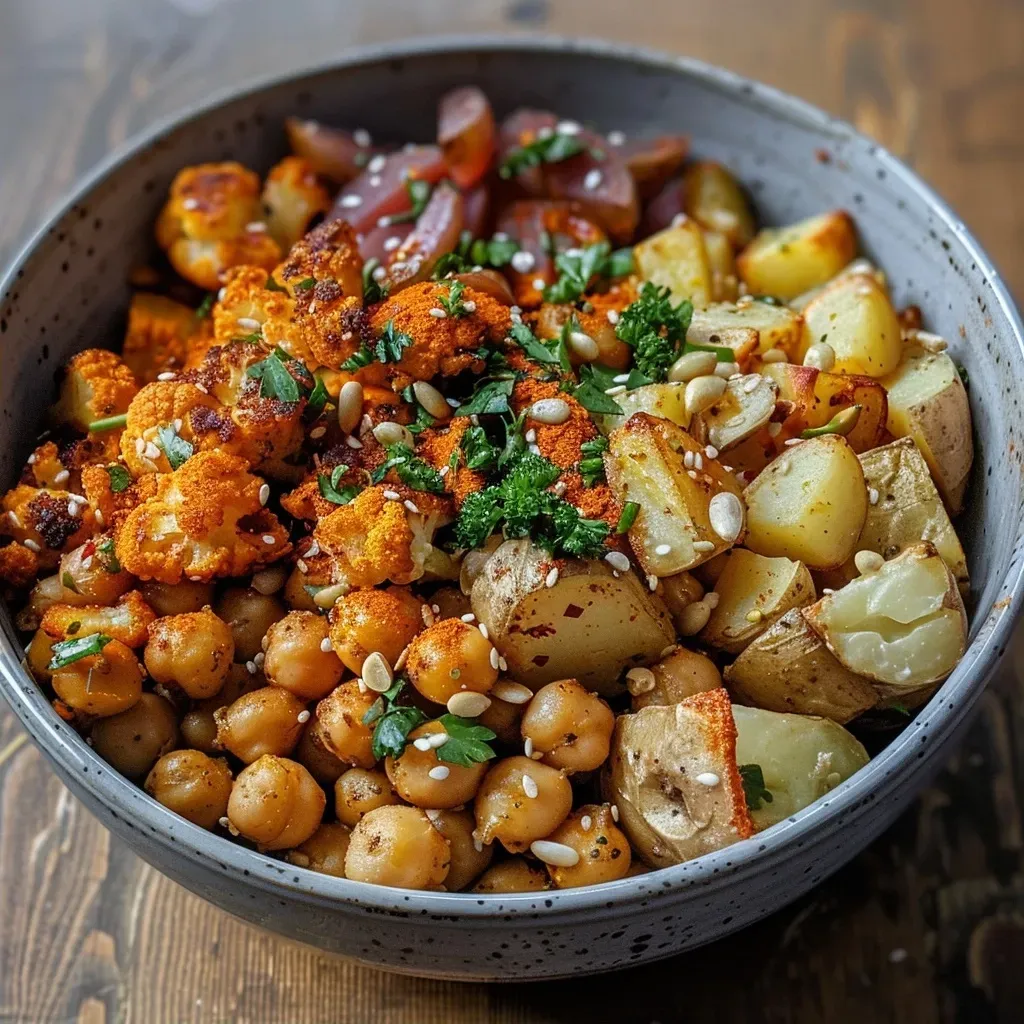 A colorful bowl filled with roasted vegetables, including chickpeas and a variety of spices.