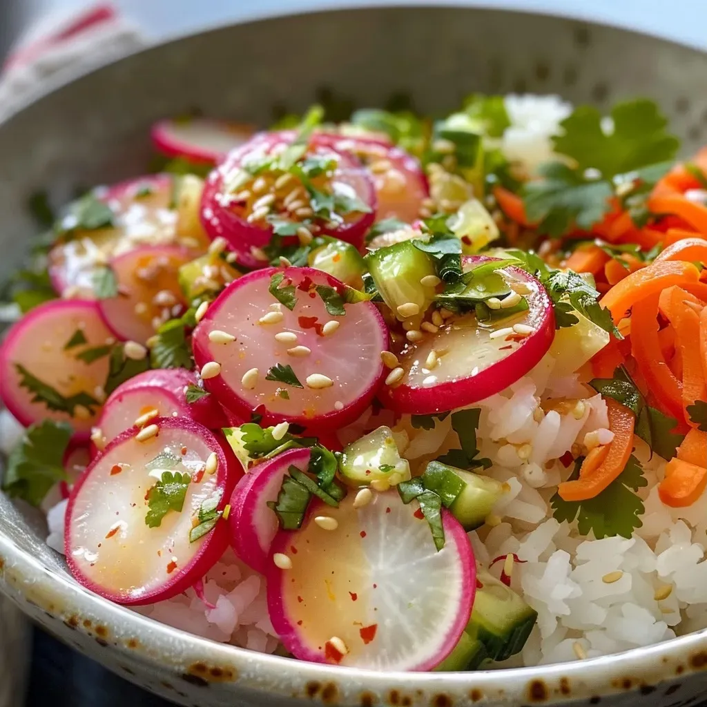 A vibrant bowl filled with pickled radishes, rice, and colorful vegetables.