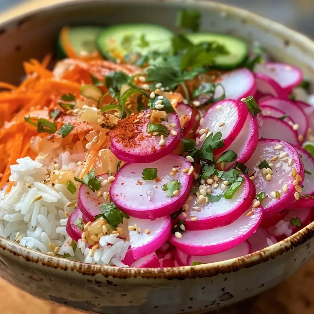 Close-up view of a bowl featuring marinated radishes and fresh garnishes.