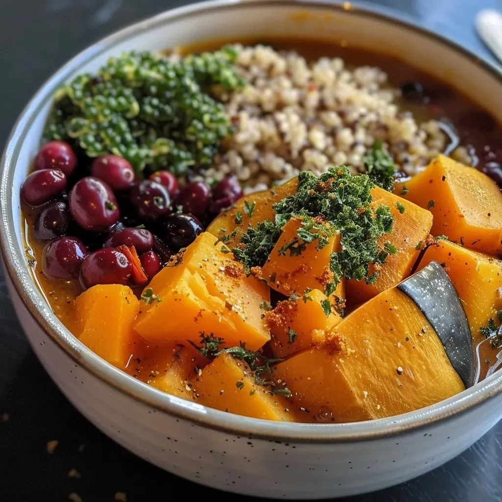 Close-up view of a warm butternut squash bowl filled with vibrant ingredients.