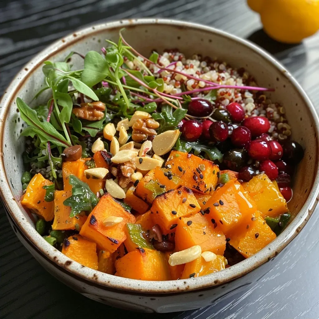Side view of a hearty bowl featuring cooked quinoa, butternut squash, and peas.