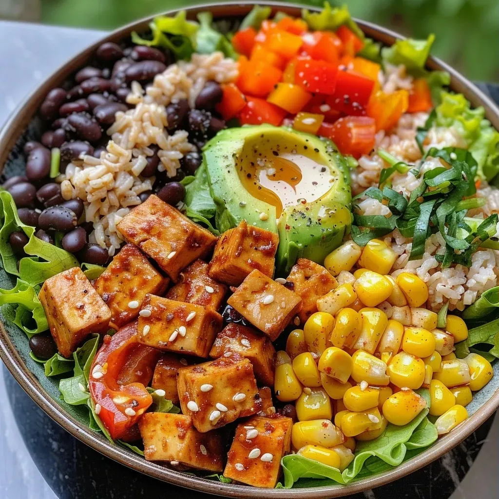 Close-up of a vibrant high-protein vegan bowl featuring brown rice, black beans, and colorful vegetables.