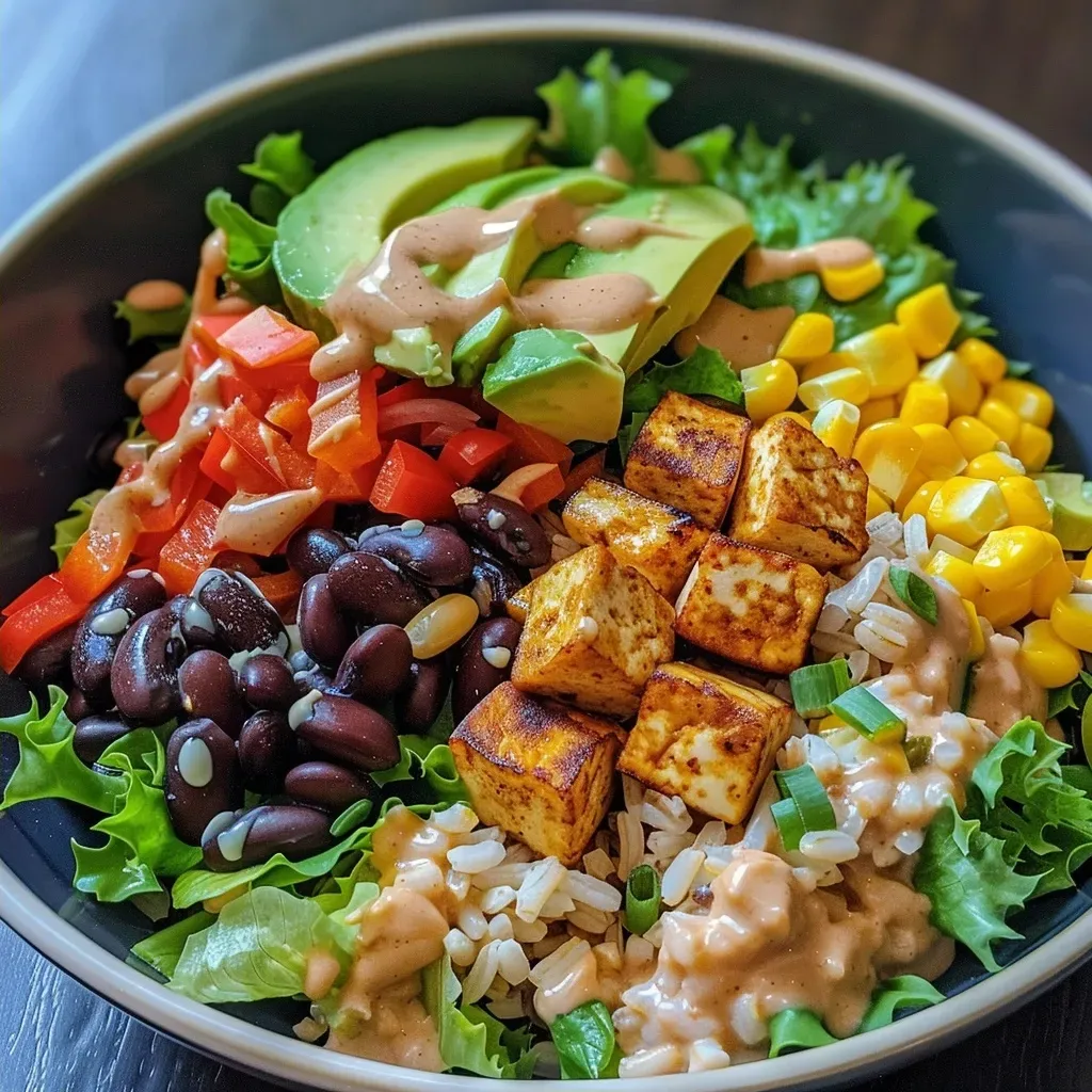 Side view of a nutritious vegan bowl filled with tofu, avocado, and a spicy cashew dressing.