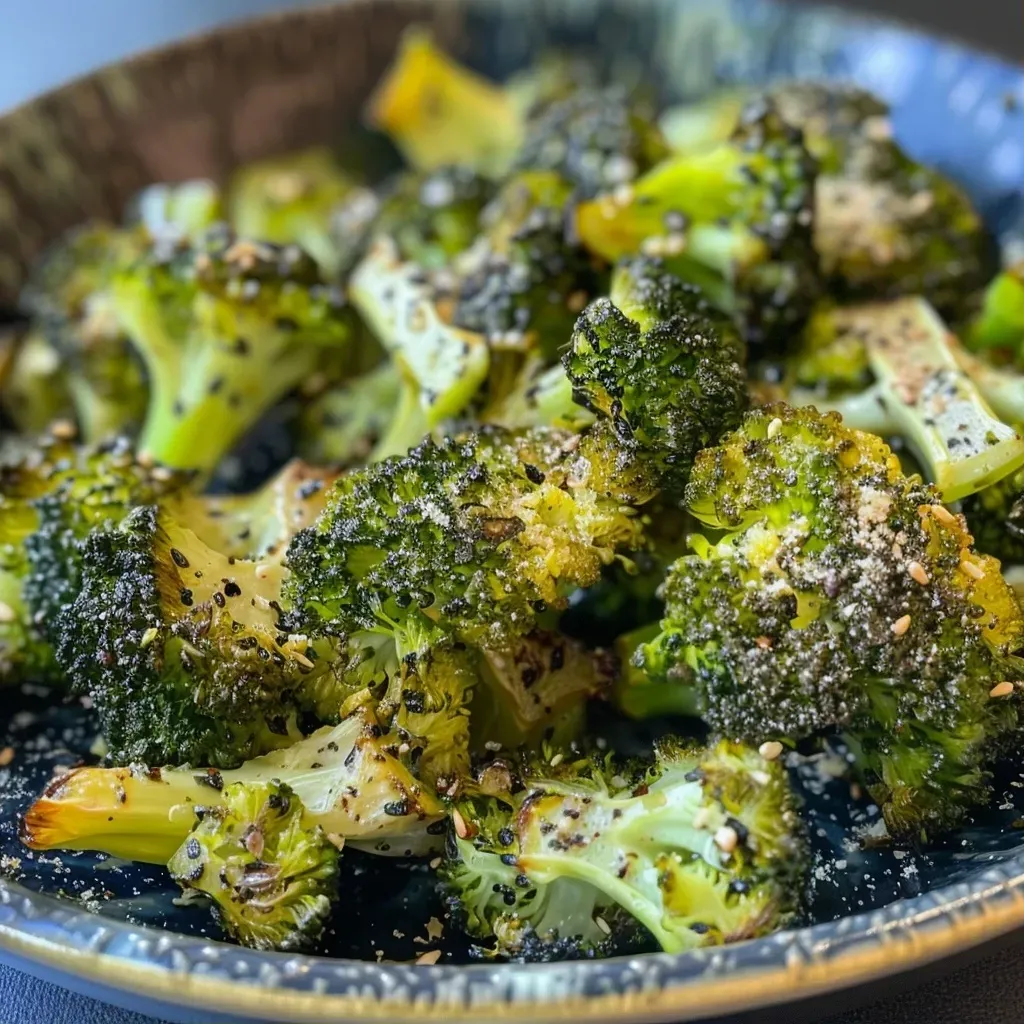 Close-up side view of crispy broccoli cooked in an air fryer.