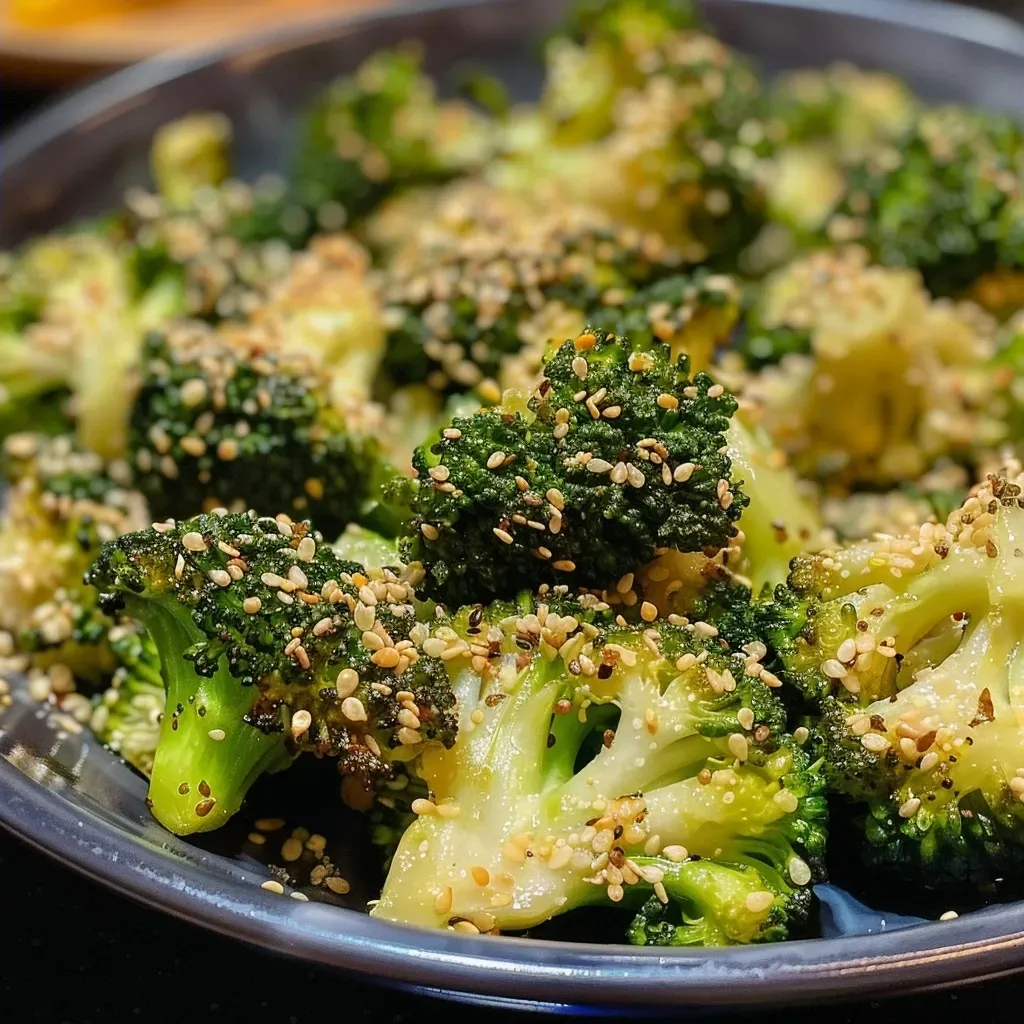 Fresh, golden-brown air-fried broccoli garnished with spices.