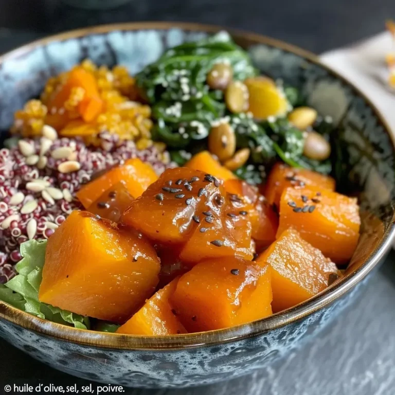 Buddha bowl d’automne : un plat réconfortant et équilibré Close-up of a vibrant autumn Buddha bowl featuring butternut squash, quinoa, and fresh spinach.