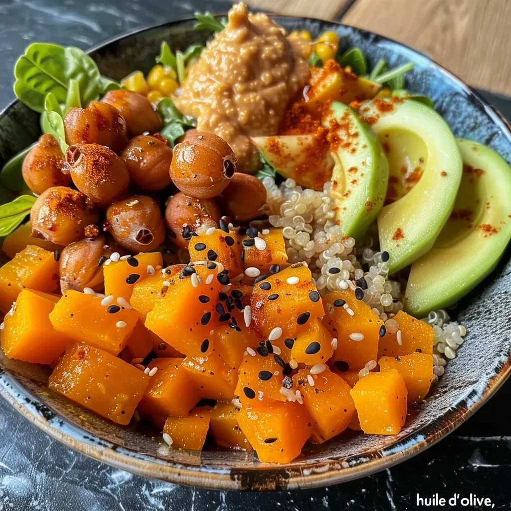 Side view of a colorful Buddha bowl with ingredients like quinoa, avocado, and roasted beets.