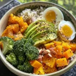 Close-up view of a vibrant Buddha Bowl featuring broccoli, butternut squash, avocado, and eggs.