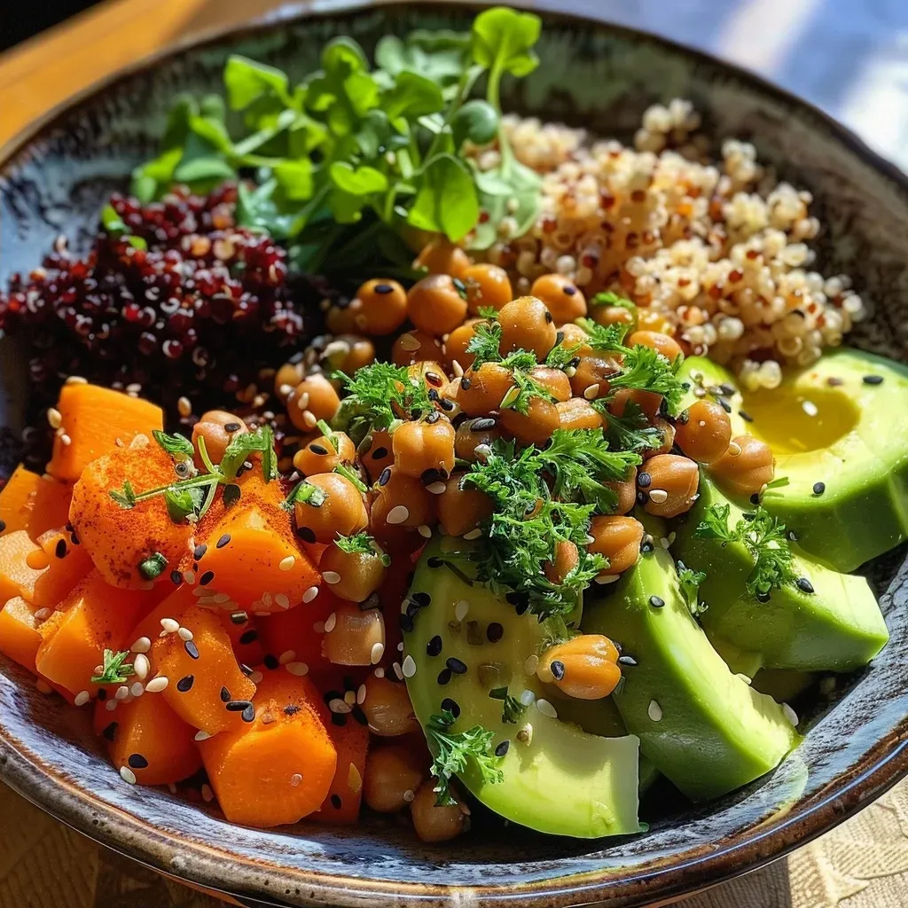 Side view of a colorful Buddha bowl with chickpeas, carrots, and greens.