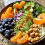 A close-up side view of a colorful Buddha bowl filled with fresh greens, grains, chickpeas, and vibrant fruits.