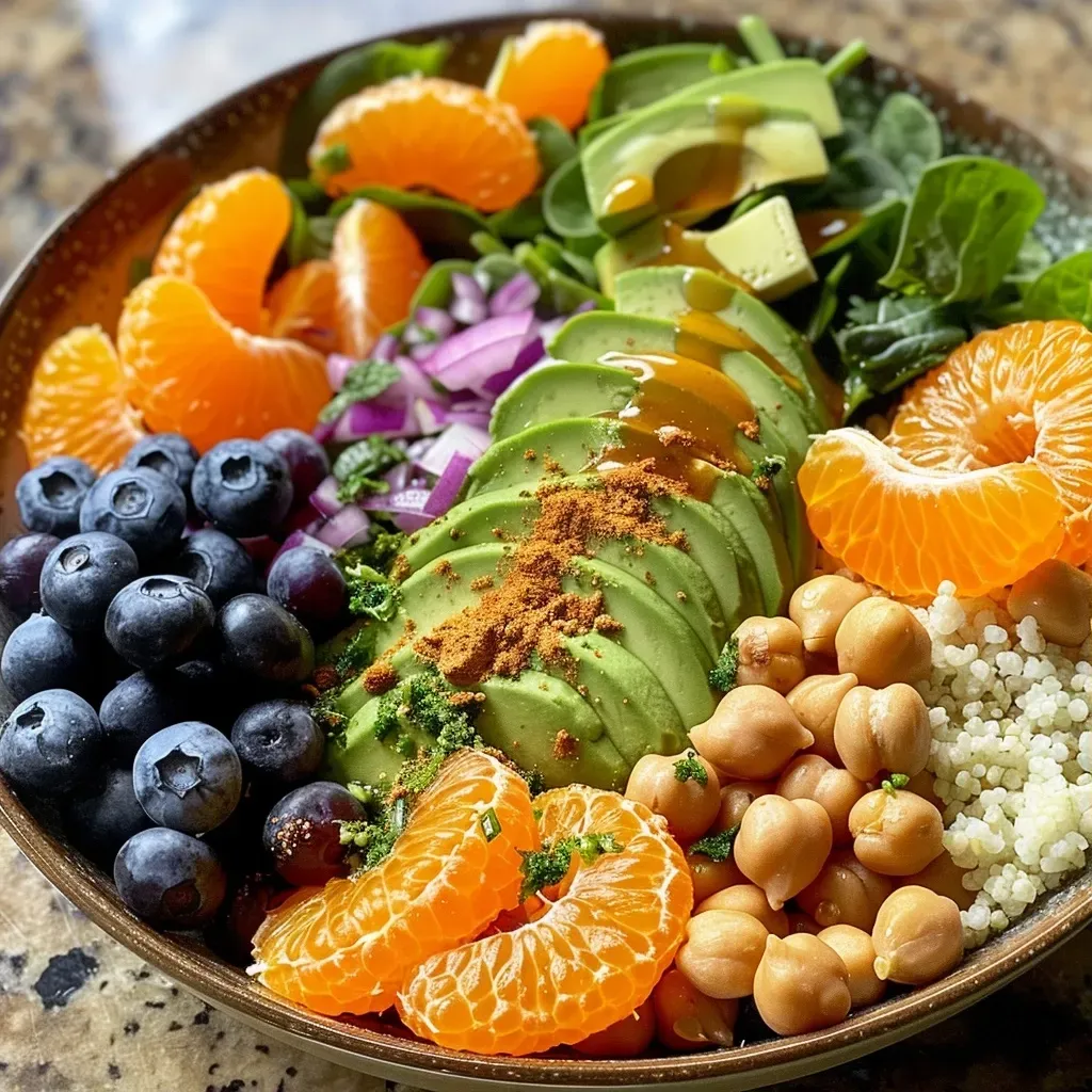 A close-up side view of a colorful Buddha bowl filled with fresh greens, grains, chickpeas, and vibrant fruits.