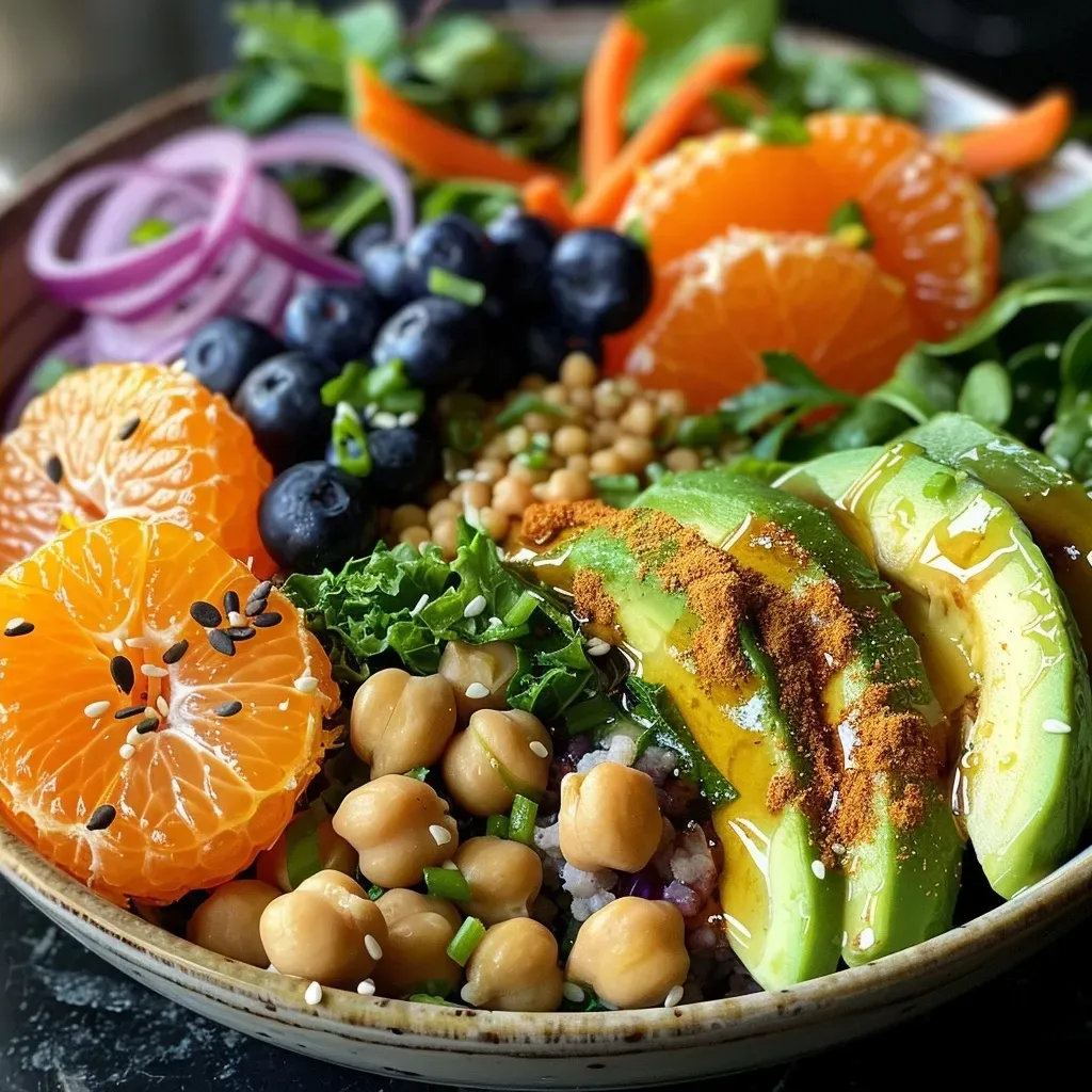A detailed image of a Buddha bowl showcasing layers of leafy greens, quinoa, blueberries, and sliced avocados.