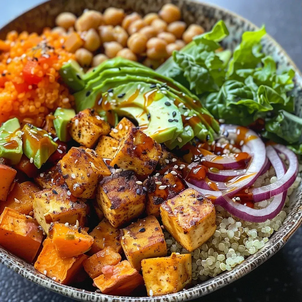 A colorful Buddha bowl featuring chicken, quinoa, and fresh vegetables.