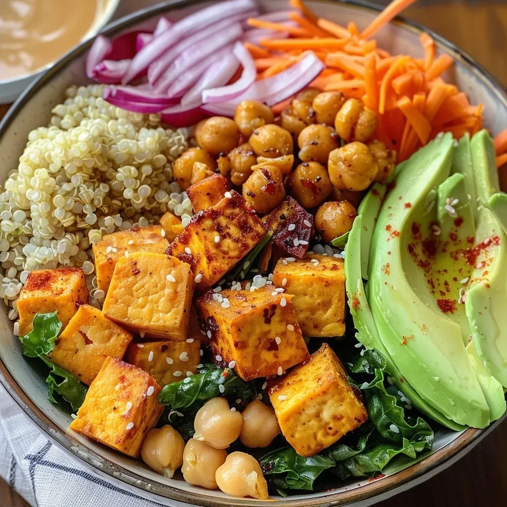 Close-up view of a vibrant Buddha bowl with grilled chicken and avocado.
