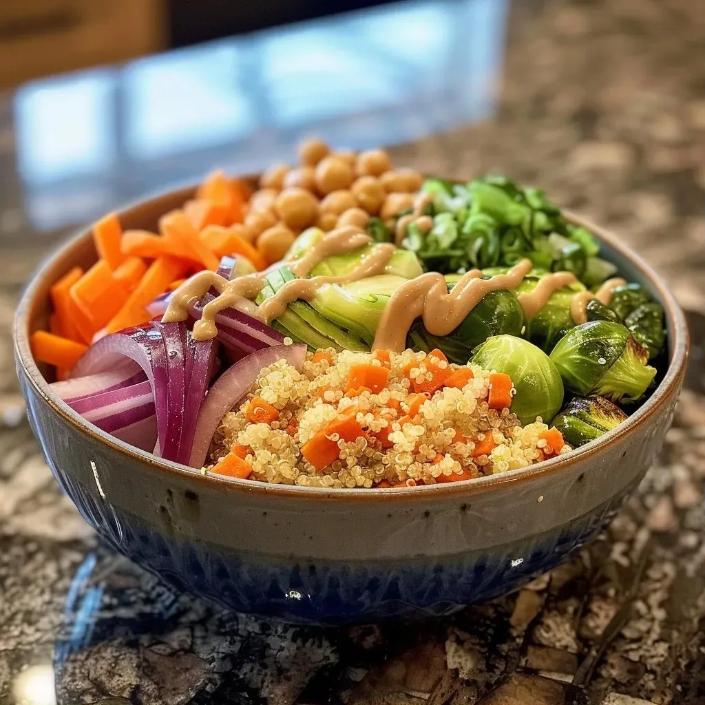 Close-up of a colorful Buddha Bowl with quinoa, chickpeas, and fresh vegetables.