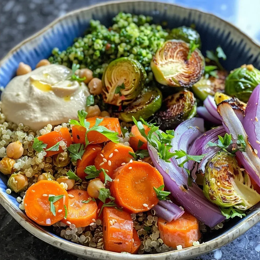 Close-up of a colorful Buddha Bowl with quinoa, chickpeas, and fresh vegetables.