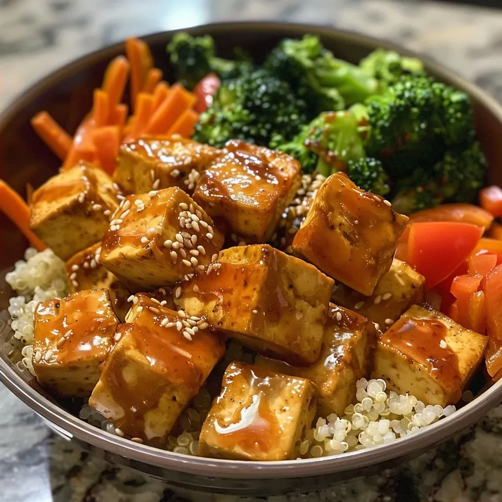 Close-up view of a vibrant Buddha bowl featuring crispy tofu, colorful vegetables, and quinoa.