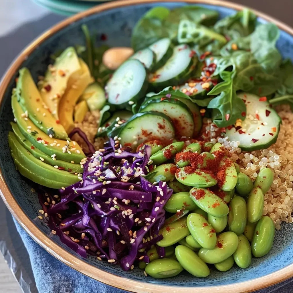 Close-up view of a vibrant Mediterranean vegan Buddha bowl featuring sweet potatoes, garbanzo beans, and fresh herbs.