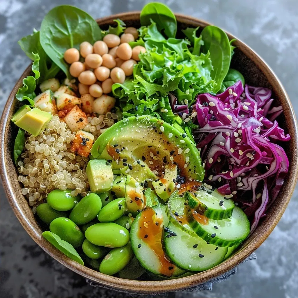 Close-up view of a colorful Buddha bowl featuring a mix of veggies and edamame.