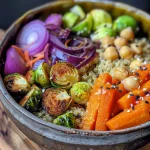 Close-up of a colorful Buddha bowl featuring rice, chickpeas, and fresh vegetables.