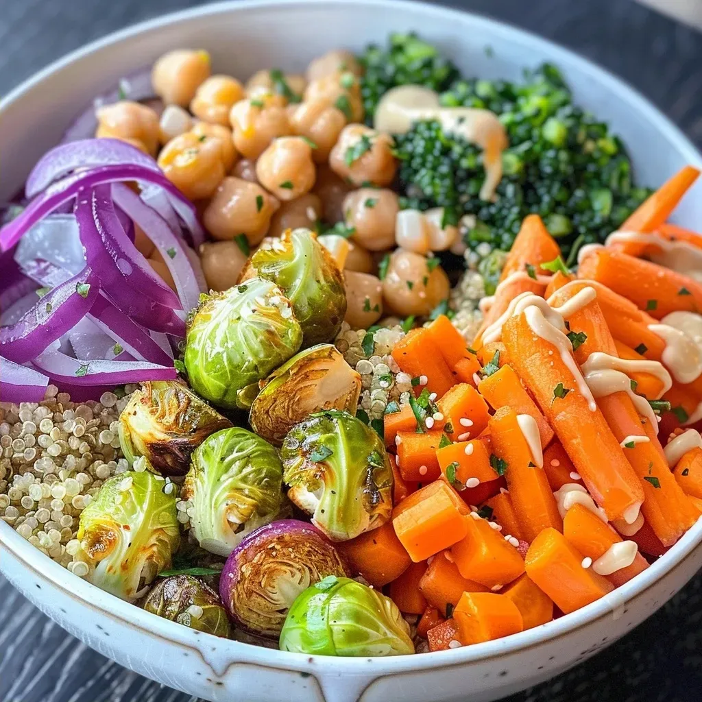 A side view of a vibrant Buddha Bowl featuring fresh vegetables and creamy tahini dressing.
