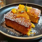 Close-up of a moist pumpkin cake with a golden-brown crust and visible hazelnut pieces.