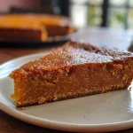 Close-up side view of a moist cake à la courge with a golden-brown crust.