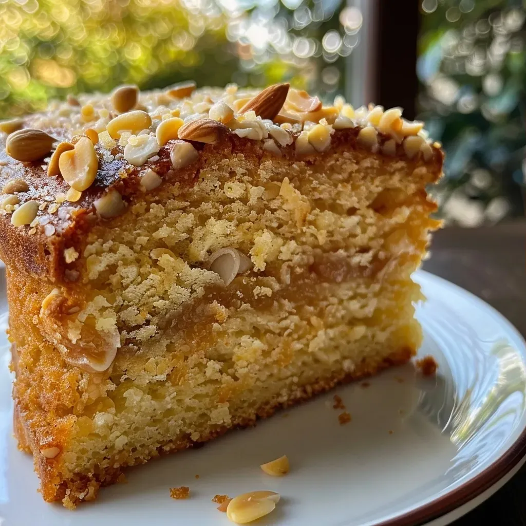 Side view close-up of a moist honey and nut cake, highlighting its golden crust.