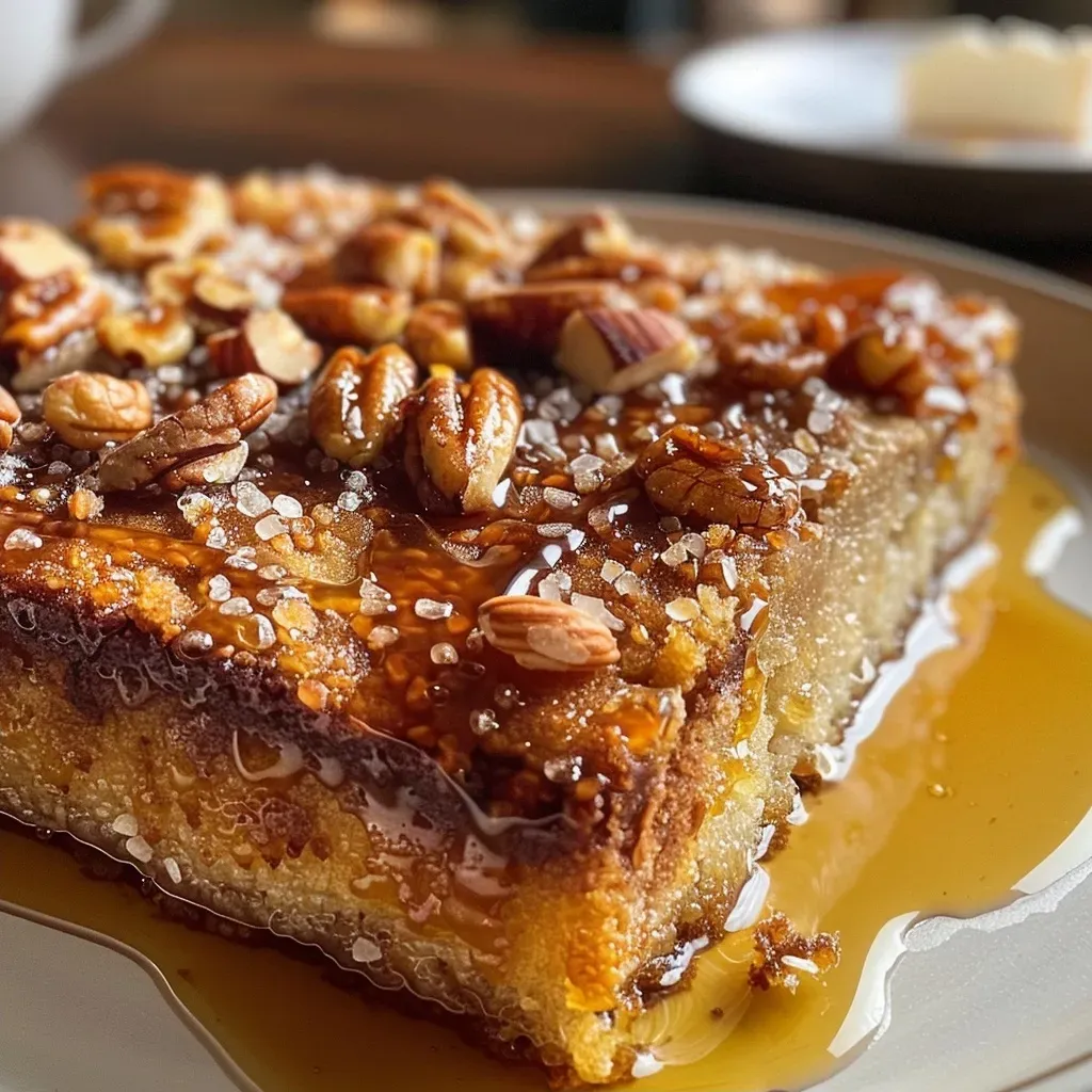 Detailed shot of a slice of cake au miel et noix with visible nuts and a rich glaze.