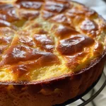 A savory green cake with spinach and a golden-brown crust, shown from the side.