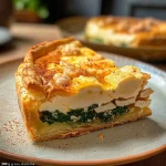 Close-up side view of a slice of cake salé featuring goat cheese and spinach.