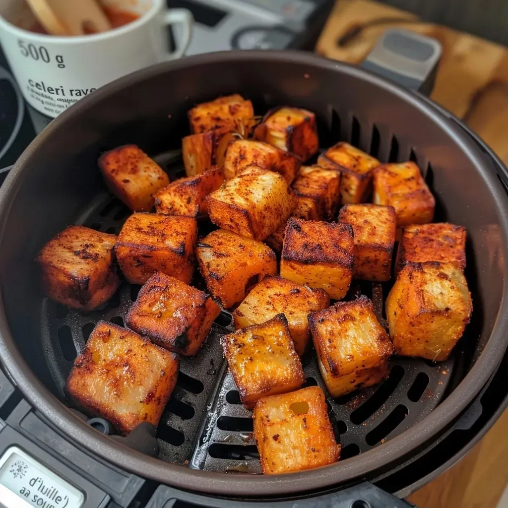 Close-up view of cooked céleri rave cubes garnished and displayed in an air fryer basket.