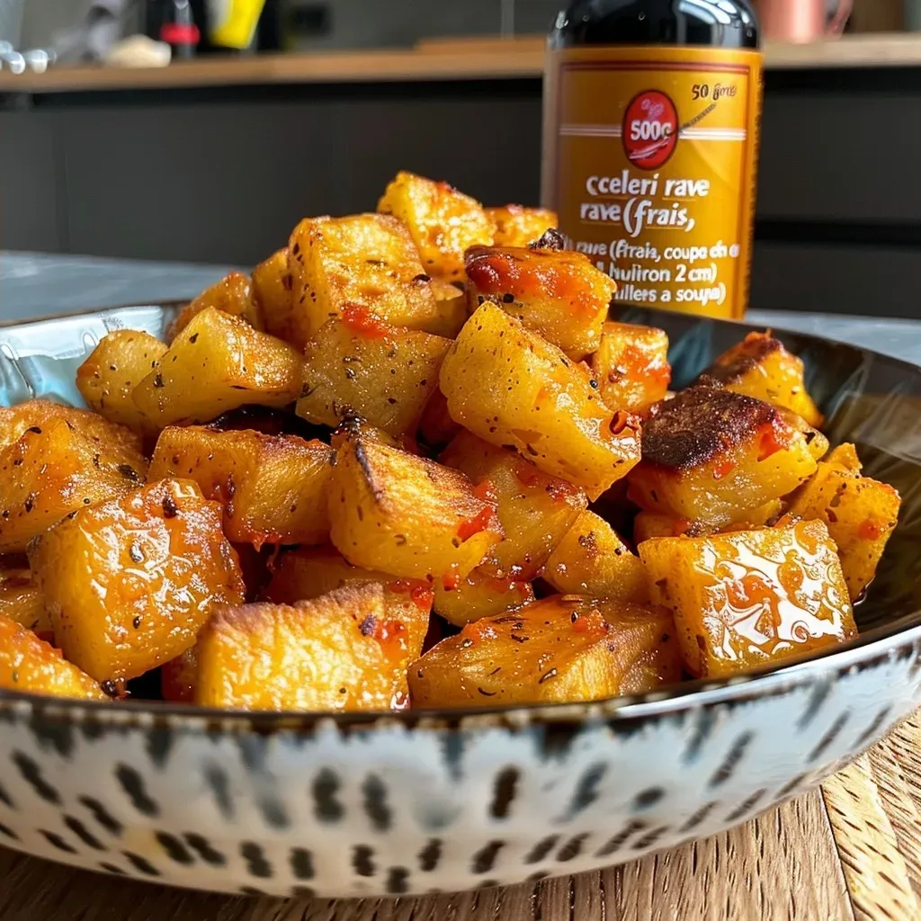 Side view of golden-brown céleri rave cubes, fresh out of the air fryer, ready to serve.