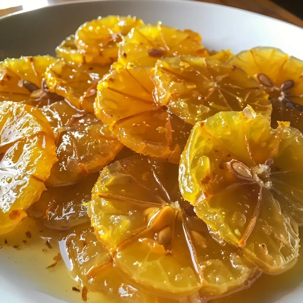 Side view of vibrant, sliced citron confit arranged on a plate.