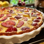 ['Close-up view of a freshly baked fruit clafouti, showcasing pitted fruits and a golden crust.', 'Side angle of a delicious clafouti aux fruits, featuring vibrant fruit pieces peeking through the batter.', 'Juicy fruit clafouti displayed on a plate, highlighting its fluffy texture and rich color.', 'Detailed shot of a clafouti with visible fruits and a soft, baked surface, captured with an iPhone.']