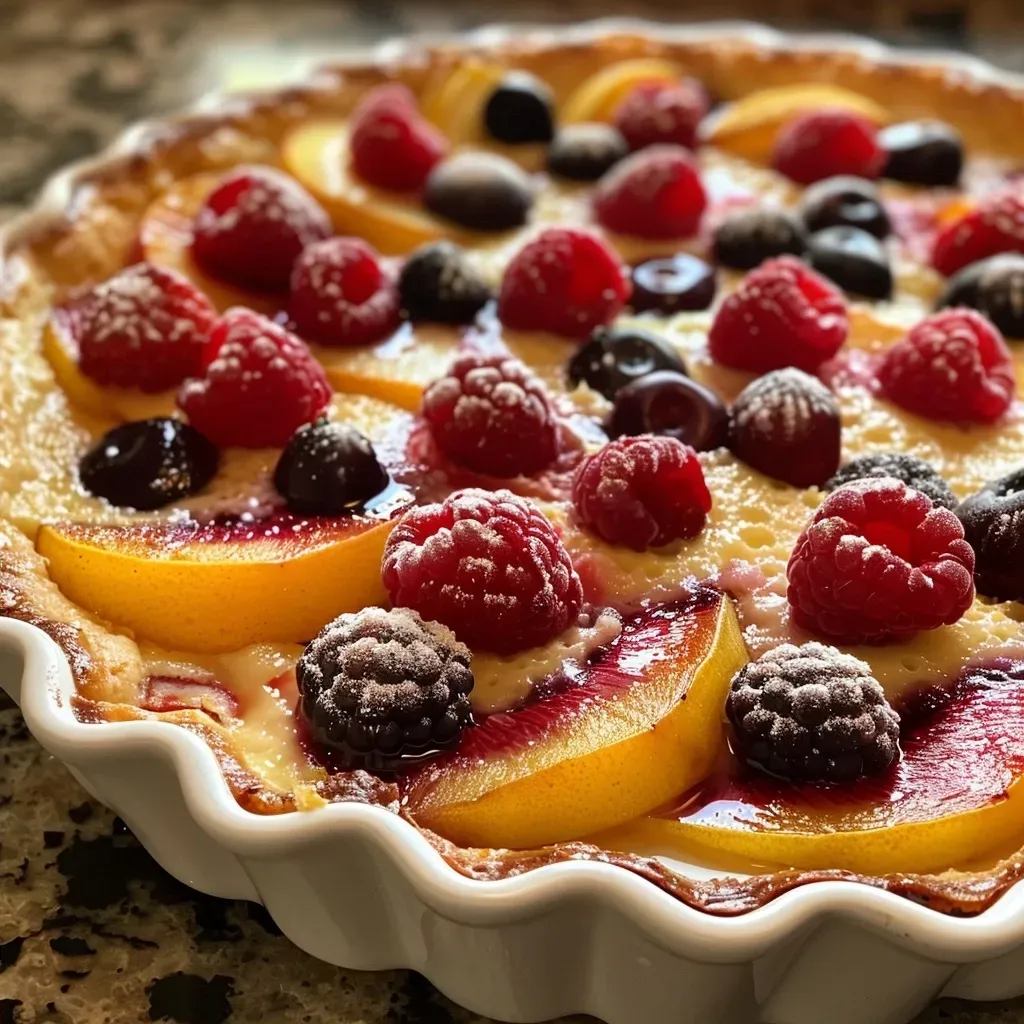 Close-up view of a freshly baked fruit clafouti, showcasing pitted fruits and a golden crust.