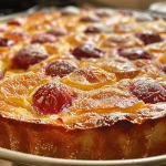 ['Close-up view of a golden-brown clafoutis with cherries, freshly baked in an air fryer.', 'Side view of a moist clafoutis showcasing juicy cherries, captured with an iPhone 15 Pro.', 'Detailed shot of a delicious clafoutis au air fryer with a rich crust and cherry filling.', 'Appetizing slice of clafoutis featuring vibrant cherries, presented on a plate.']