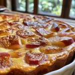 ['Close-up of a light rhubarb clafoutis with a golden crust.', 'Side view of freshly baked rhubarb clafoutis showcasing its juicy texture.', 'A slice of clafoutis filled with pieces of rhubarb, highlighting its moistness.', 'Detailed view of a rhubarb clafoutis revealing its soft interior and baked top.']