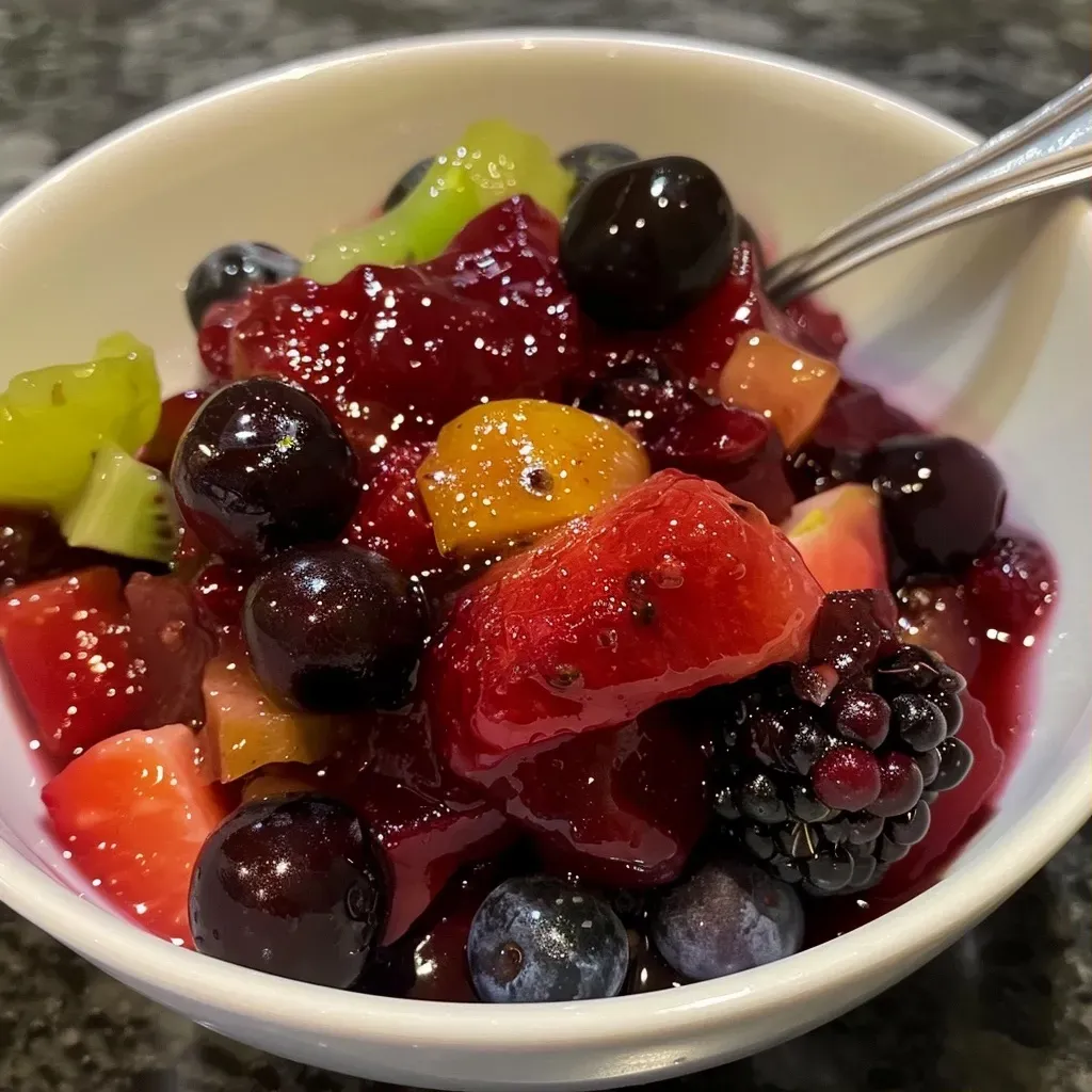 Close-up view of a colorful fruit compote in a glass bowl, featuring a mix of various fruits.
