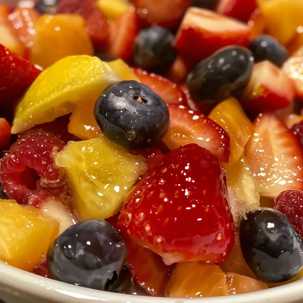 Side view of a fresh fruit compote showing vibrant pieces of fruit glistening with syrup.