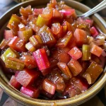 Close-up view of a vibrant, juicy rhubarb compote in a glass dish.