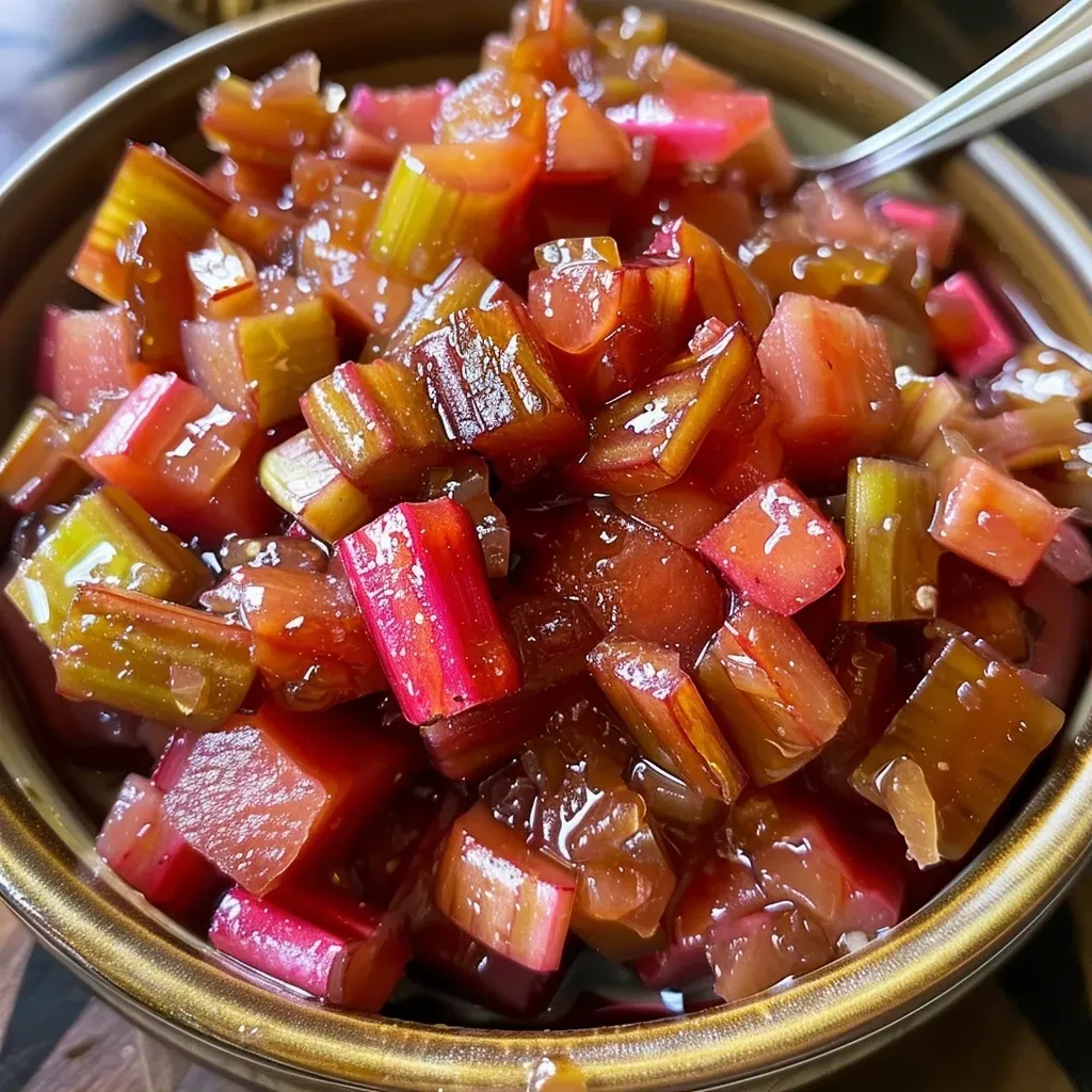 Close-up view of a vibrant, juicy rhubarb compote in a glass dish.